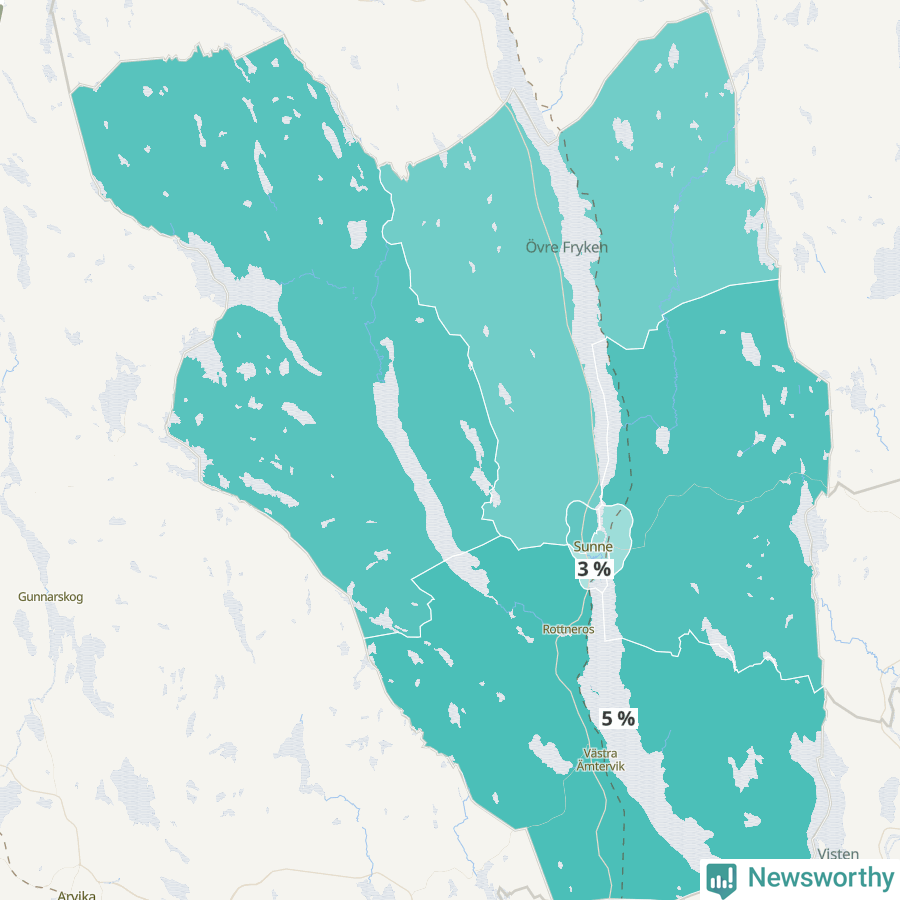 Karta över andel av befolkningensom är mellan 0 och 4 år per område i Sunne 2024.