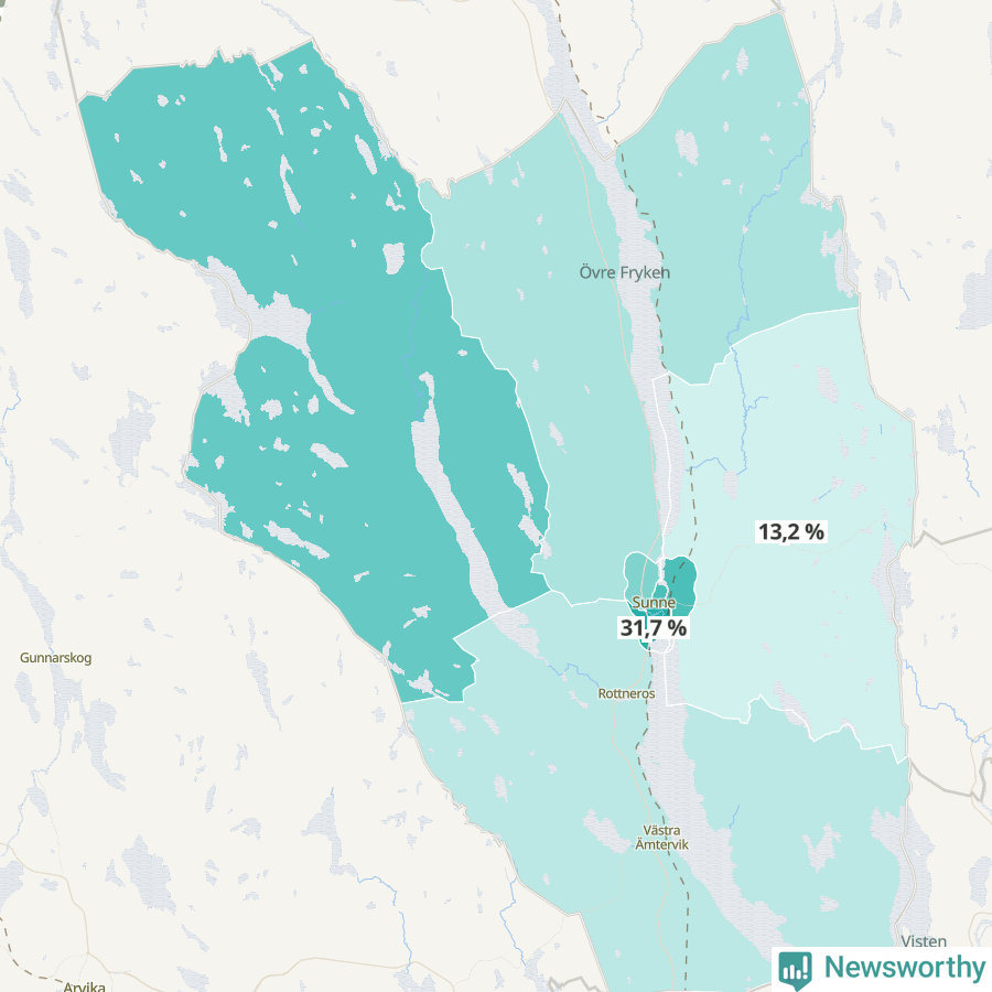 Karta över andel av befolkningen är ensamstående utan barn per område i Sunne 2023.