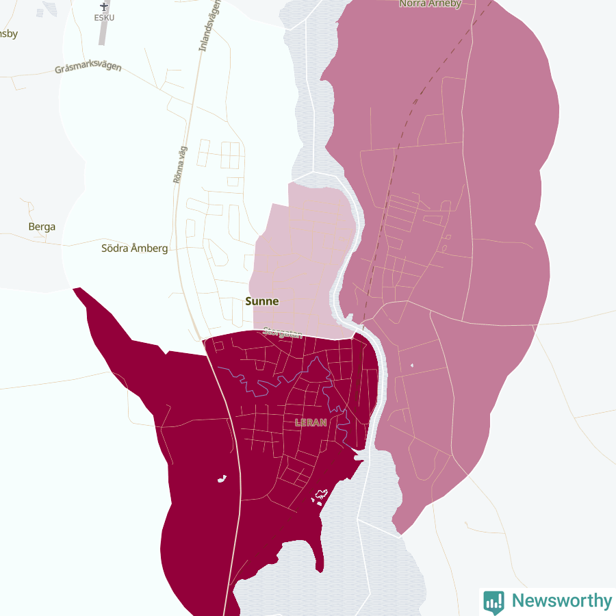 Karta som visar antalet cykelstölder i olika delar av Sunne, se tabell ovan