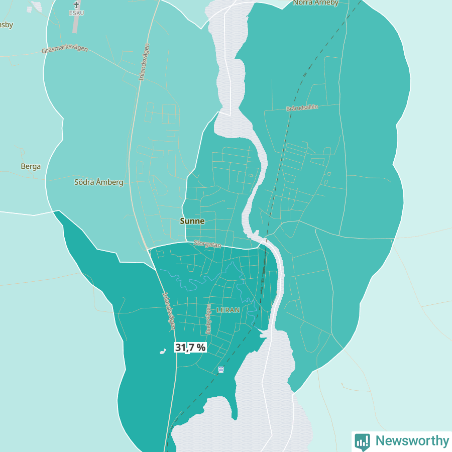 Karta över andel av befolkningen är ensamstående utan barn per område i Sunne 2023.
