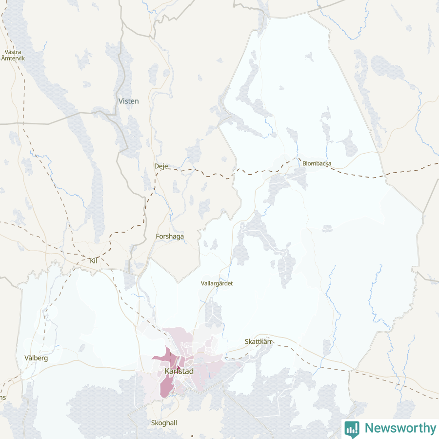 Karta som visar antalet cykelstölder i olika delar av Karlstads kommun, även i tabell nedan