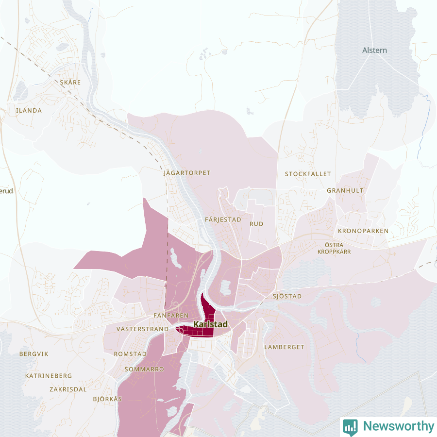 Karta som visar antalet cykelstölder i olika delar av Karlstad, se tabell ovan