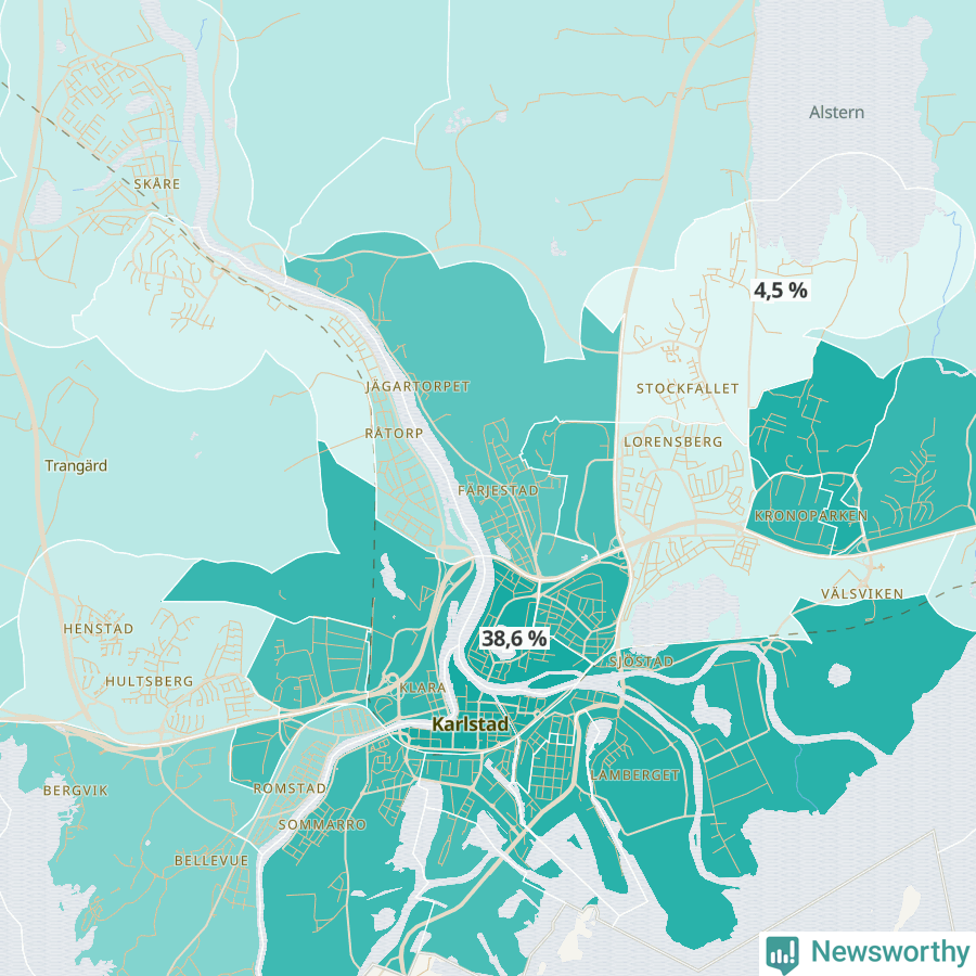 Karta över andel av befolkningen är ensamstående utan barn per område i Karlstad 2023.
