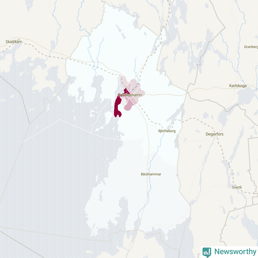 Karta som visar antalet cykelstölder i olika delar av Kristinehamns kommun, även i tabell nedan