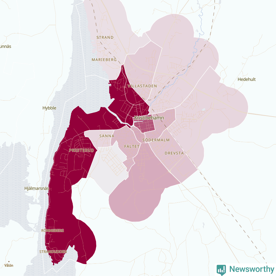 Karta som visar antalet cykelstölder i olika delar av Kristinehamn, se tabell ovan