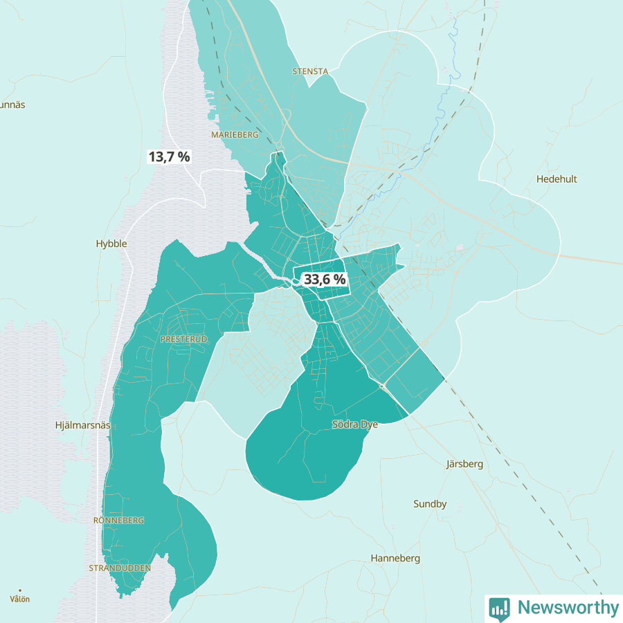 Karta över andel av befolkningen är ensamstående utan barn per område i Kristinehamn 2023.