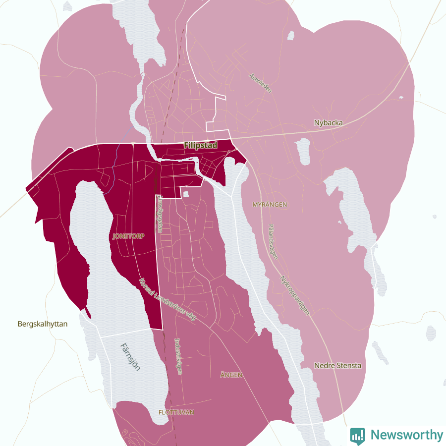 Karta som visar antalet cykelstölder i olika delar av Filipstad, se tabell ovan