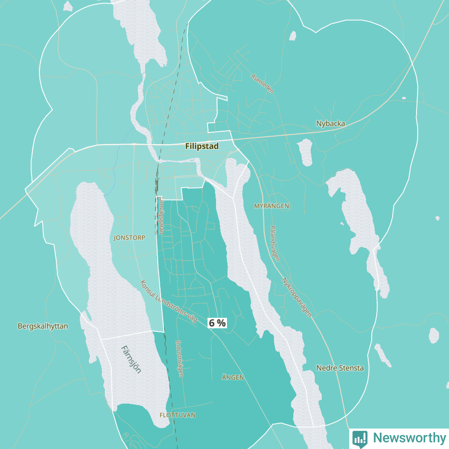 Karta över andel av befolkningen är mellan 0 och 4 år per område i Filipstad 2024.