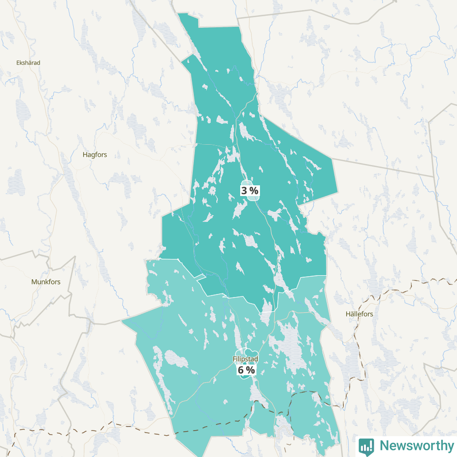 Karta över andel av befolkningensom är mellan 0 och 4 år per område i Filipstad 2024.