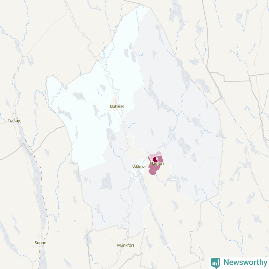 Karta som visar antalet cykelstölder i olika delar av Hagfors kommun, även i tabell nedan