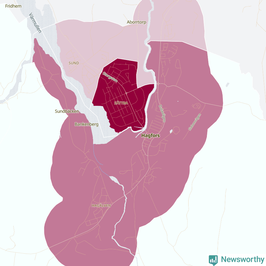 Karta som visar antalet cykelstölder i olika delar av Hagfors, se tabell ovan