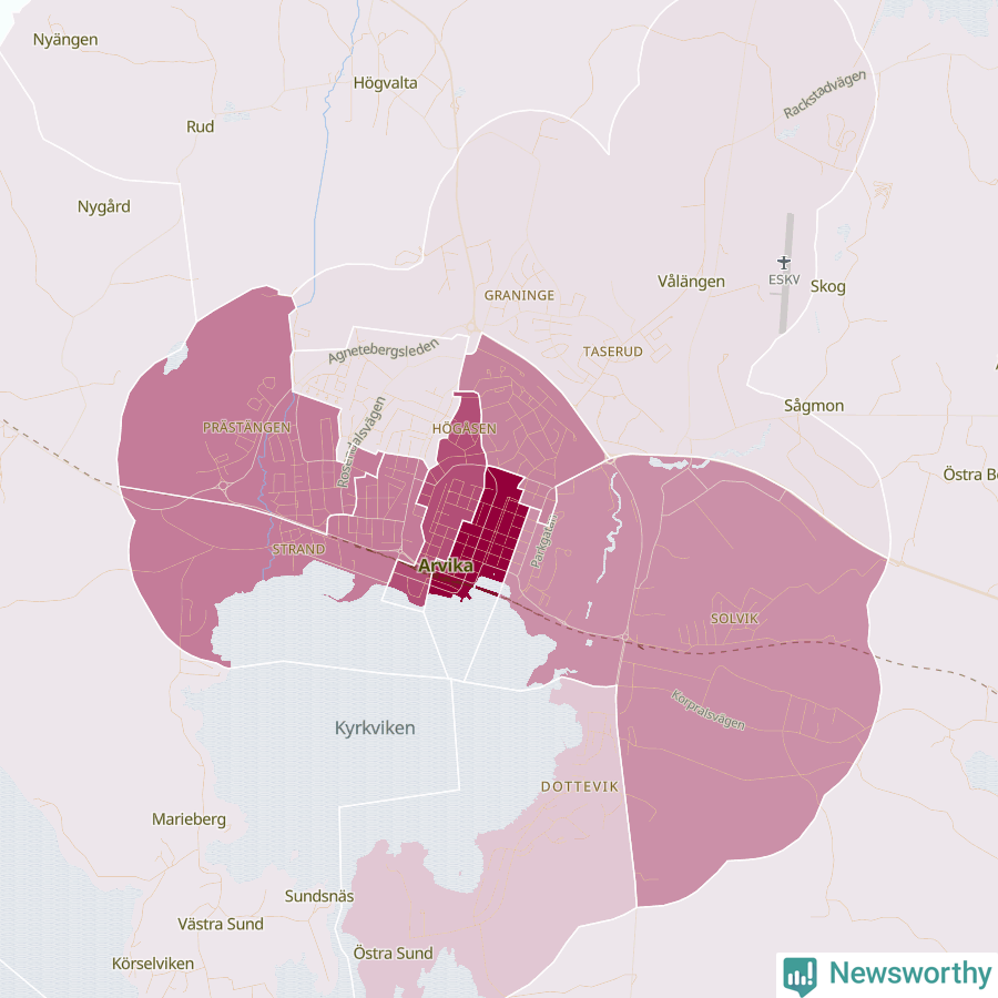 Karta som visar antalet cykelstölder i olika delar av Arvika, se tabell ovan