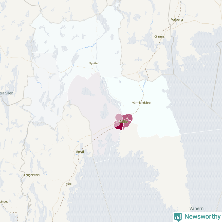Karta som visar antalet cykelstölder i olika delar av Säffle kommun, även i tabell nedan