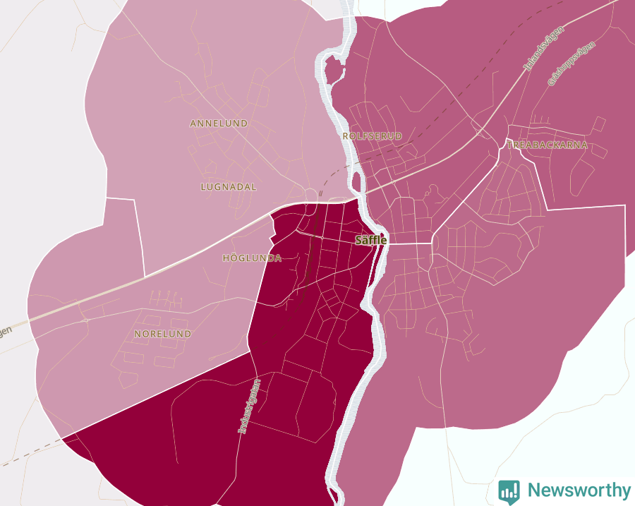 Karta som visar antalet cykelstölder i olika delar av Säffle, se tabell ovan