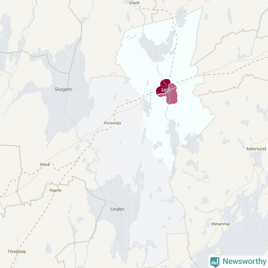 Karta som visar antalet cykelstölder i olika delar av Laxå kommun, även i tabell nedan