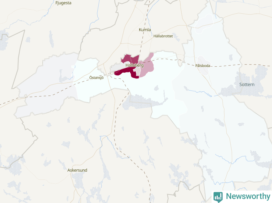 Karta som visar antalet cykelstölder i olika delar av Hallsbergs kommun, även i tabell nedan