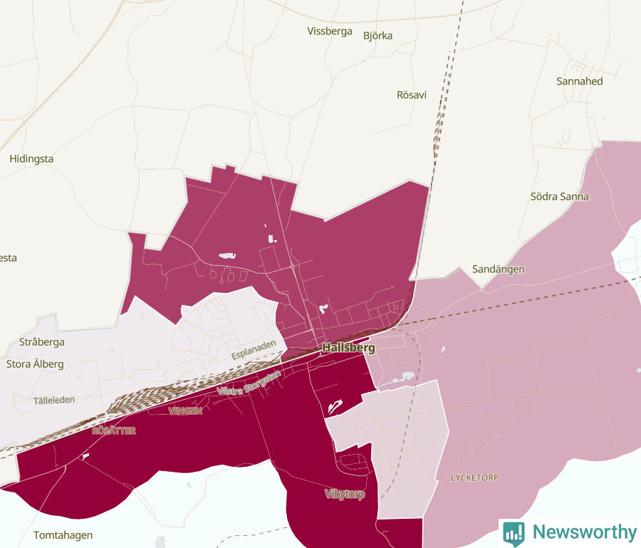 Karta som visar antalet cykelstölder i olika delar av Hallsberg, se tabell ovan