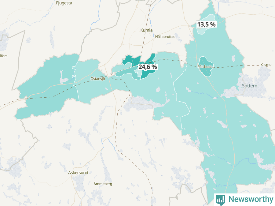 Karta över andel av befolkningen är ensamstående utan barn per område i Hallsberg 2023.