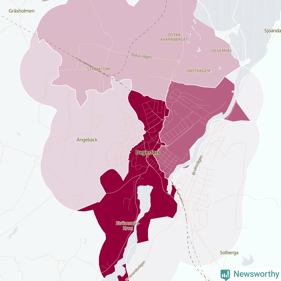 Karta som visar antalet cykelstölder i olika delar av Degerfors, se tabell ovan