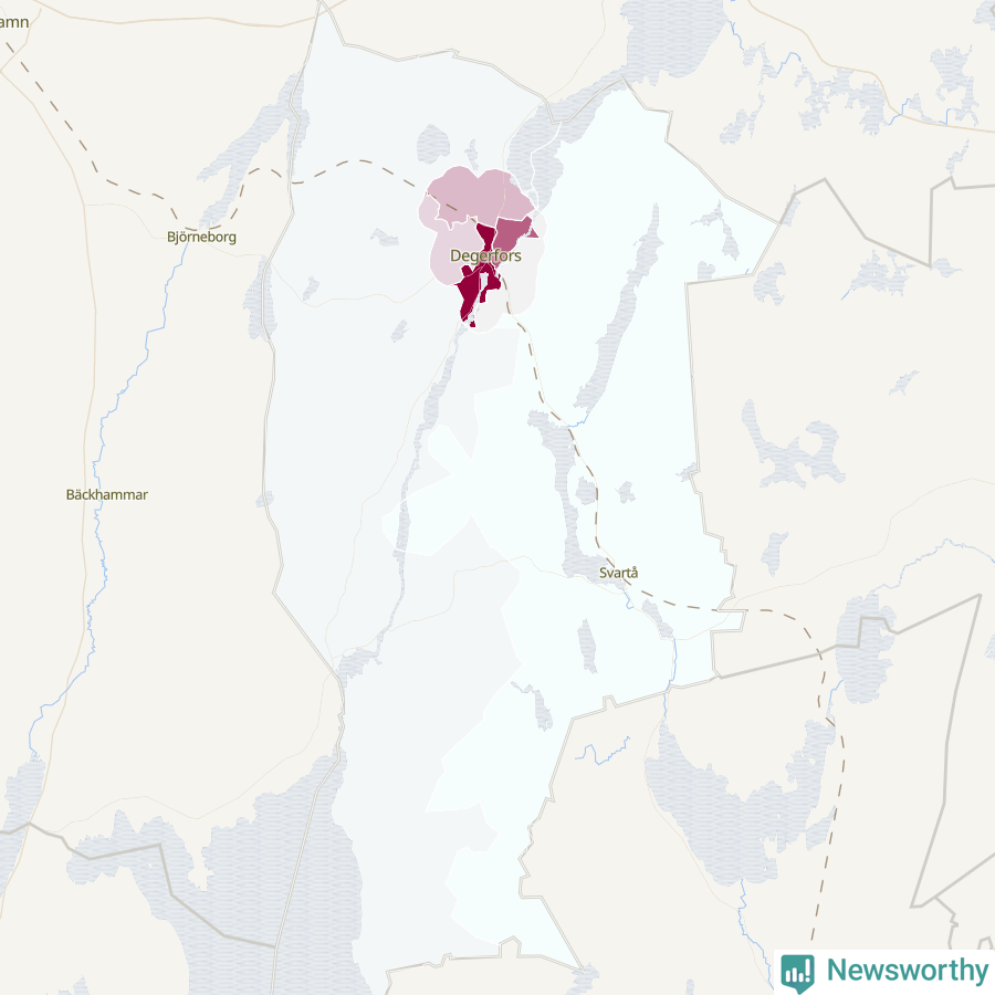 Karta som visar antalet cykelstölder i olika delar av Degerfors kommun, även i tabell nedan