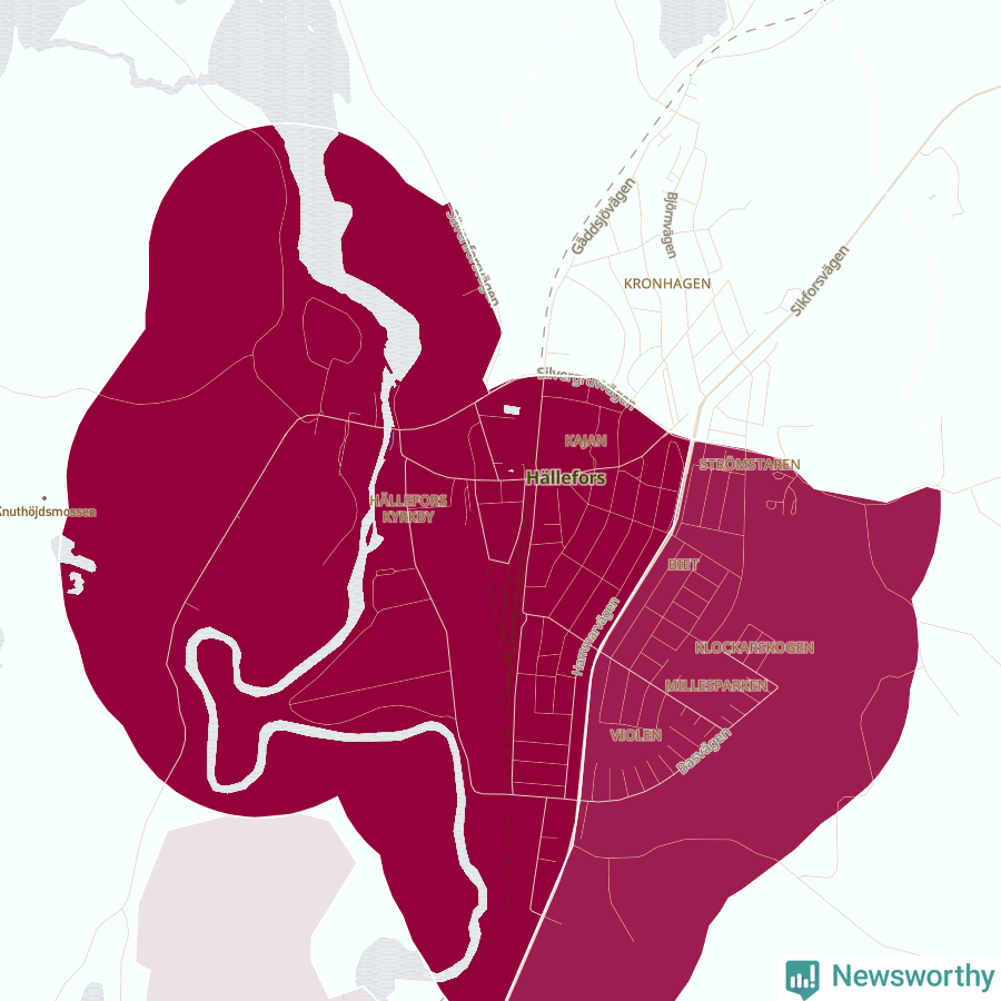 Karta som visar antalet cykelstölder i olika delar av Hällefors, se tabell ovan