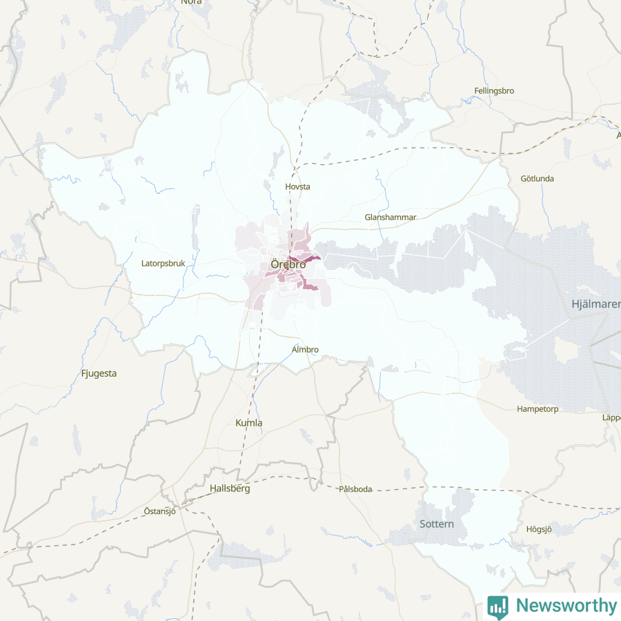 Karta som visar antalet cykelstölder i olika delar av Örebro kommun, även i tabell nedan