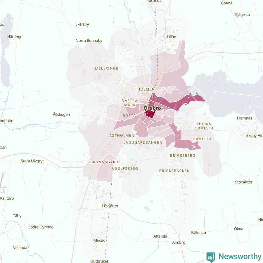 Karta som visar antalet cykelstölder i olika delar av Örebro, se tabell ovan