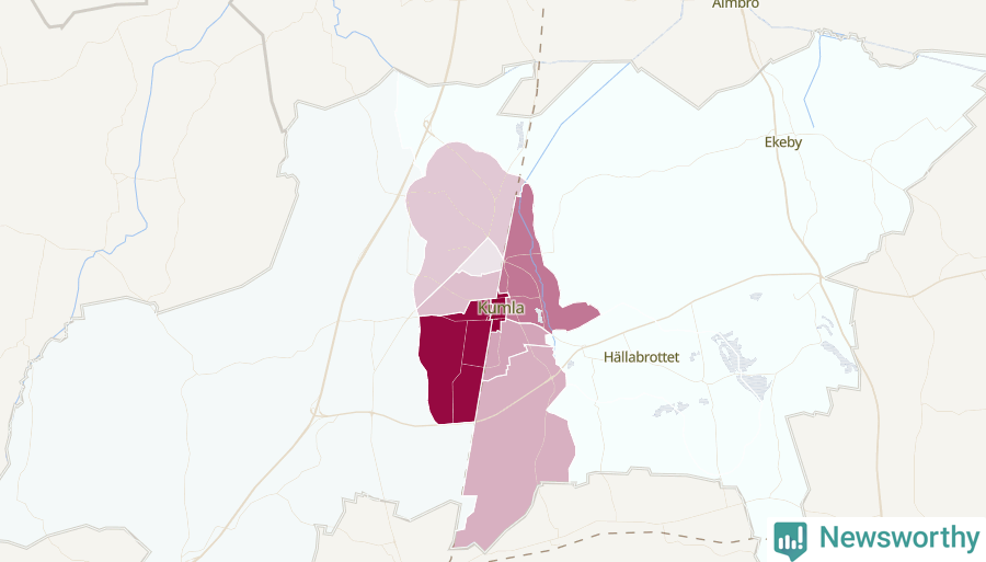 Karta som visar antalet cykelstölder i olika delar av Kumla kommun, även i tabell nedan