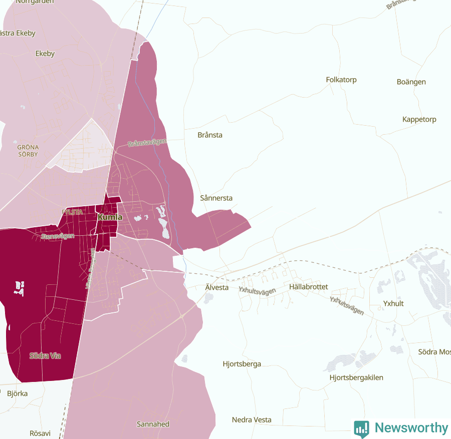 Karta som visar antalet cykelstölder i olika delar av Kumla, se tabell ovan