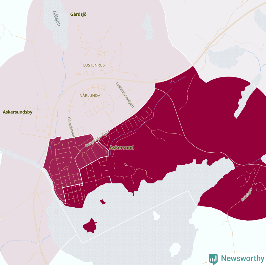 Karta som visar antalet cykelstölder i olika delar av Askersund, se tabell ovan