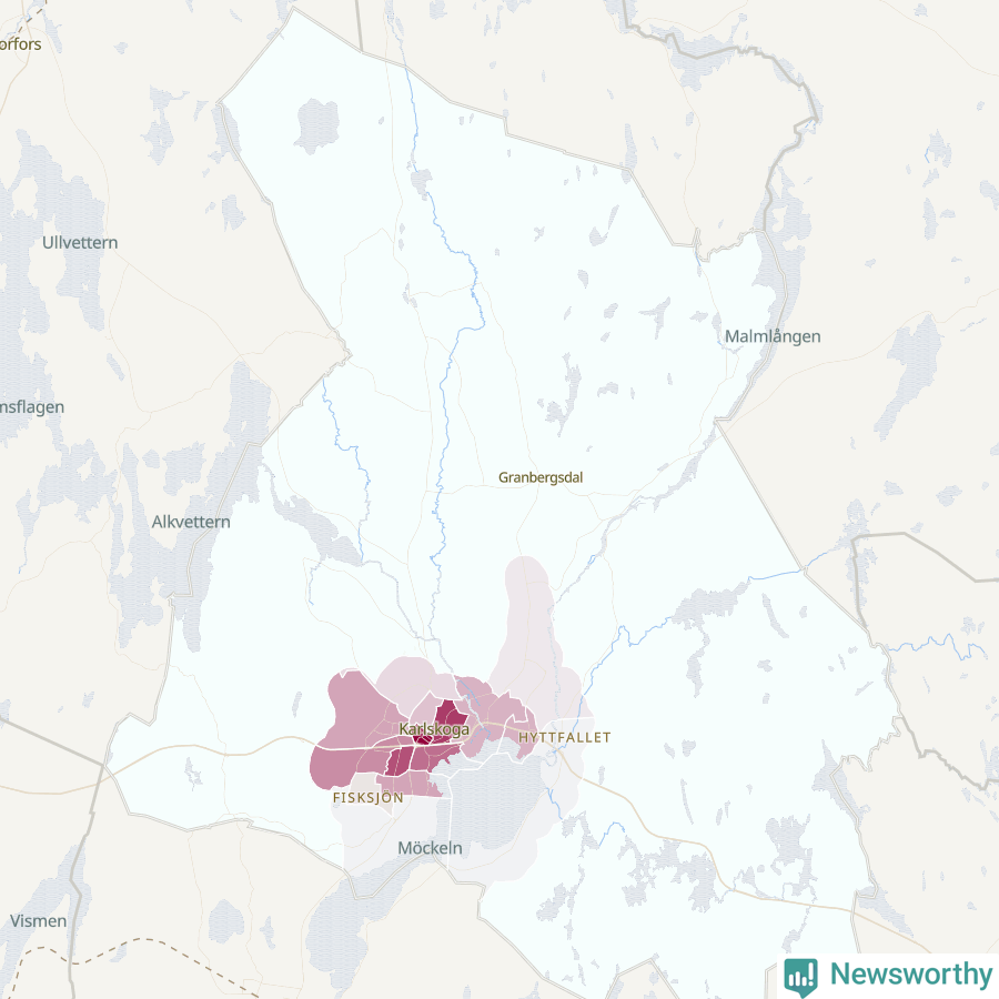 Karta som visar antalet cykelstölder i olika delar av Karlskoga kommun, även i tabell nedan
