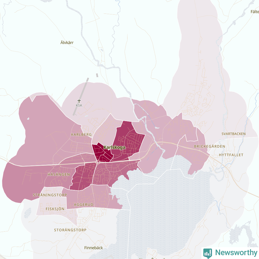 Karta som visar antalet cykelstölder i olika delar av Karlskoga, se tabell ovan