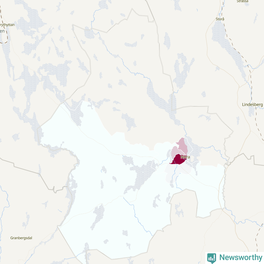 Karta som visar antalet cykelstölder i olika delar av Nora kommun, även i tabell nedan
