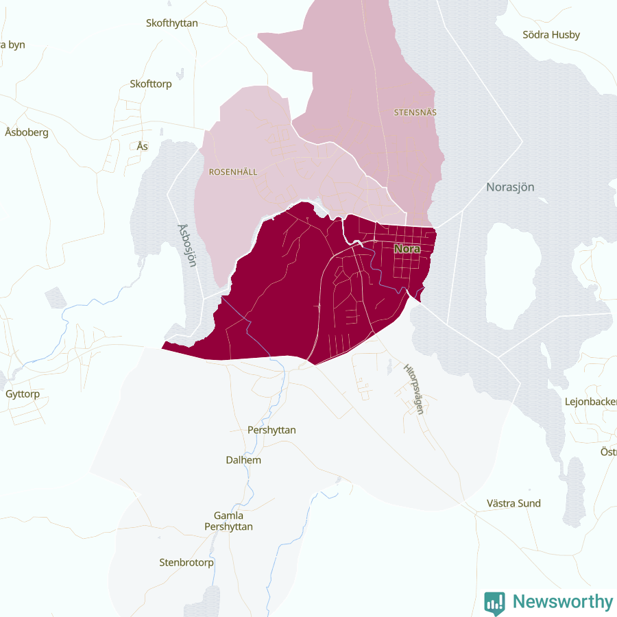 Karta som visar antalet cykelstölder i olika delar av Nora, se tabell ovan