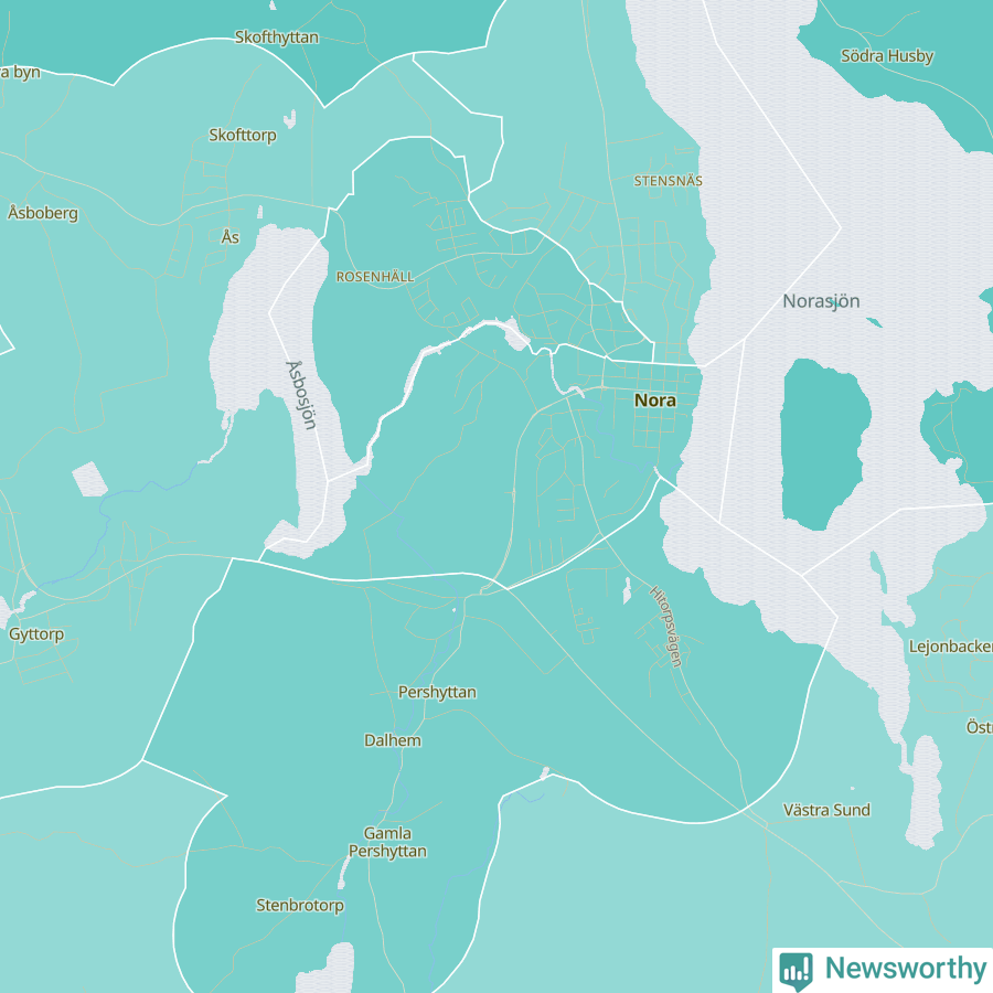 Karta över andel av befolkningen är mellan 0 och 4 år per område i Nora 2024.