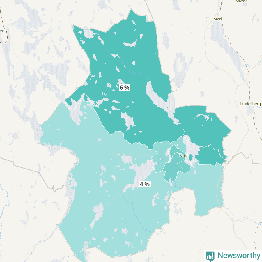 Karta över andel av befolkningensom är mellan 0 och 4 år per område i Nora 2024.