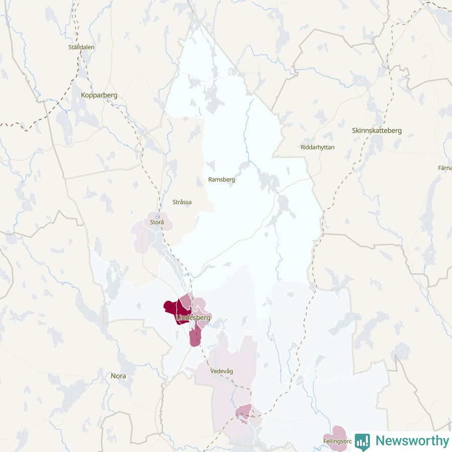 Karta som visar antalet cykelstölder i olika delar av Lindesbergs kommun, även i tabell nedan