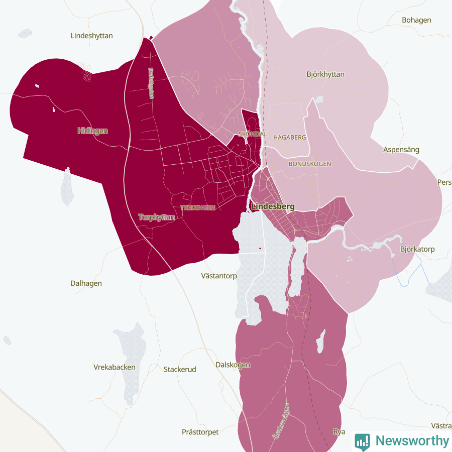 Karta som visar antalet cykelstölder i olika delar av Lindesberg, se tabell ovan