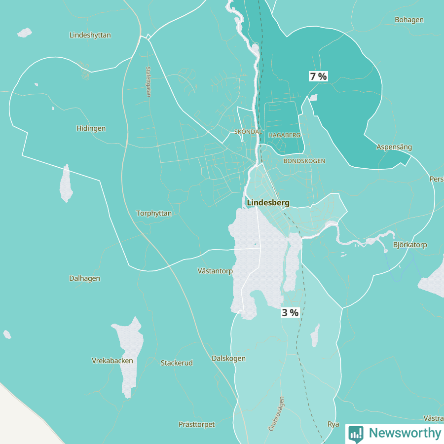 Karta över andel av befolkningen är mellan 0 och 4 år per område i Lindesberg 2024.