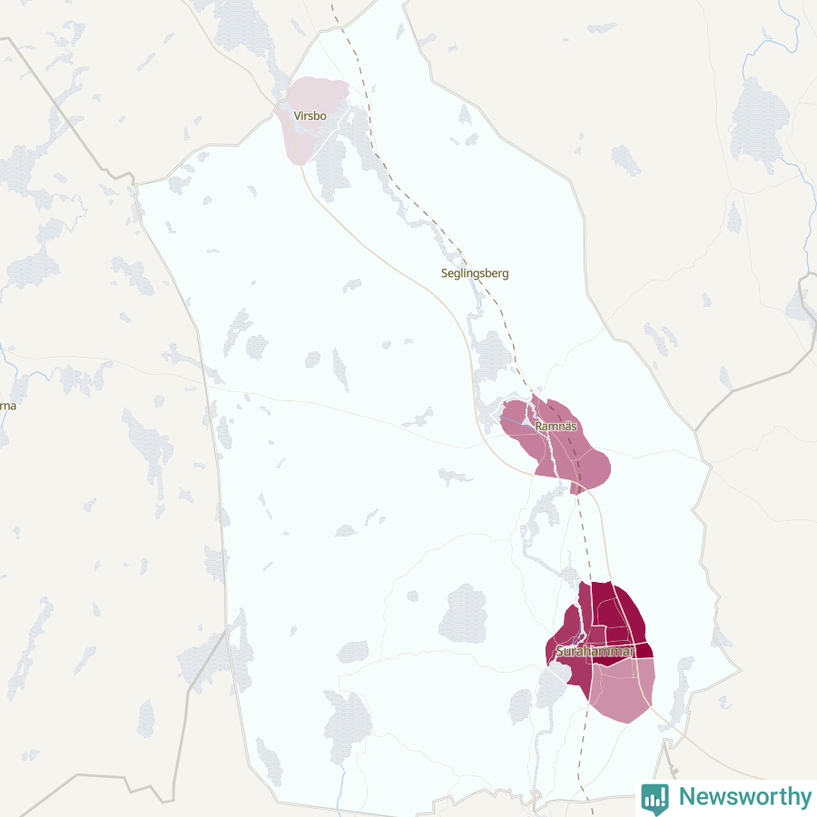Karta som visar antalet cykelstölder i olika delar av Surahammars kommun, även i tabell nedan