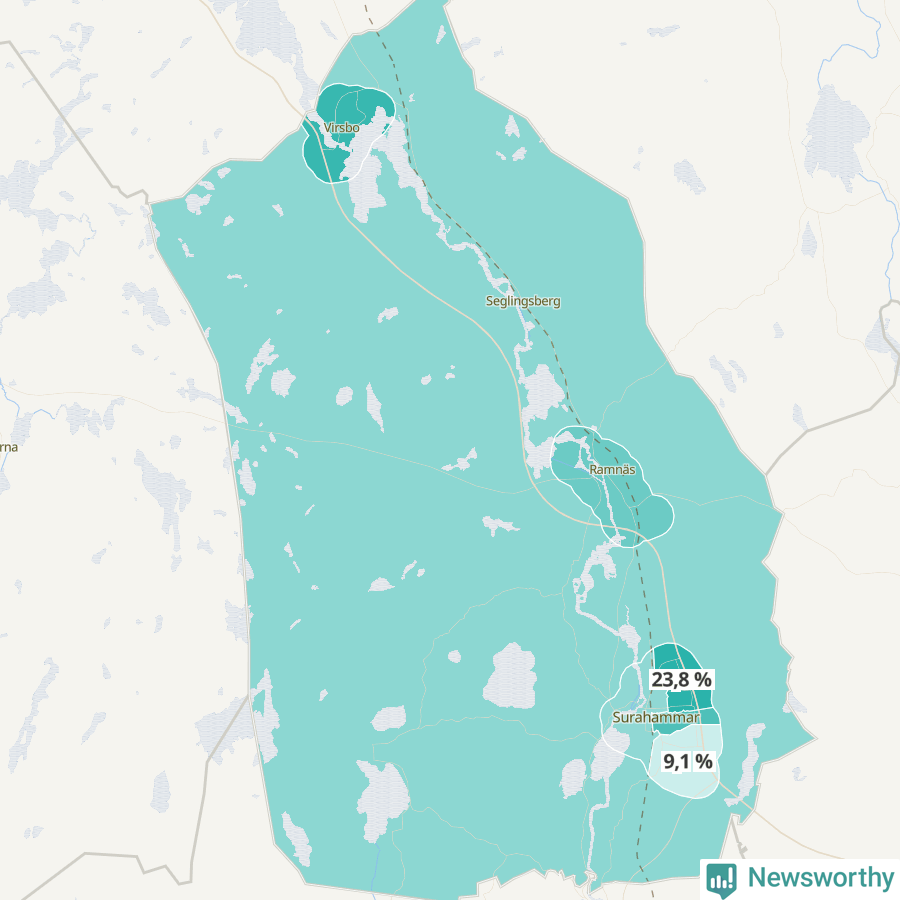 Karta över andel av befolkningen är ensamstående utan barn per område i Surahammar 2023.