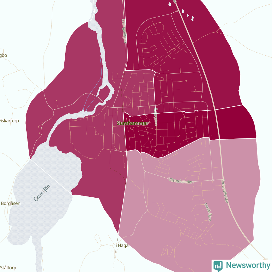 Karta som visar antalet cykelstölder i olika delar av Surahammar, se tabell ovan