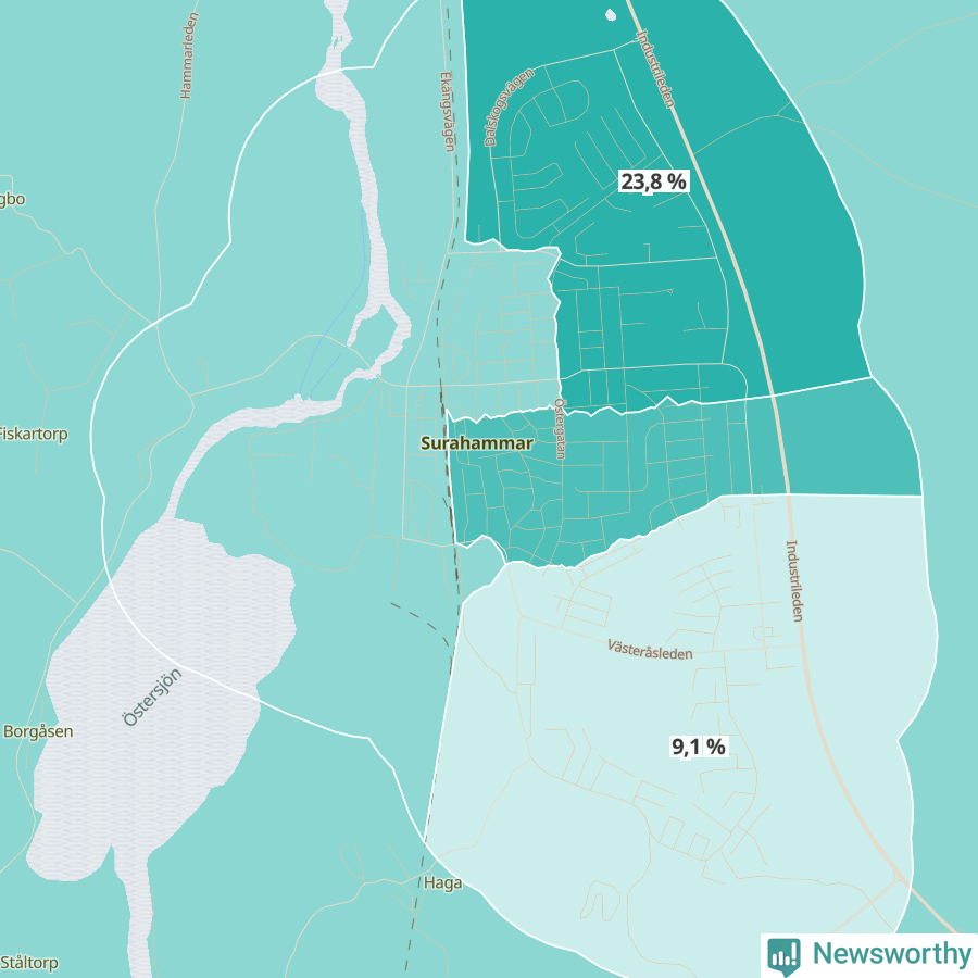 Karta över andel av befolkningen är ensamstående utan barn per område i Surahammar 2023.