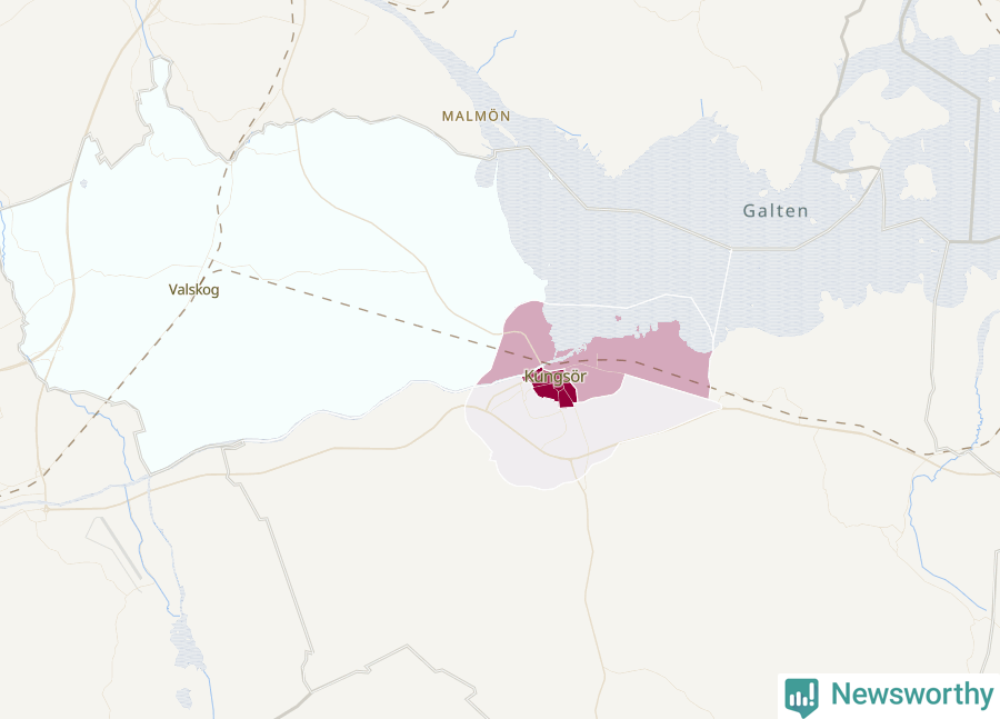 Karta som visar antalet cykelstölder i olika delar av Kungsörs kommun, även i tabell nedan