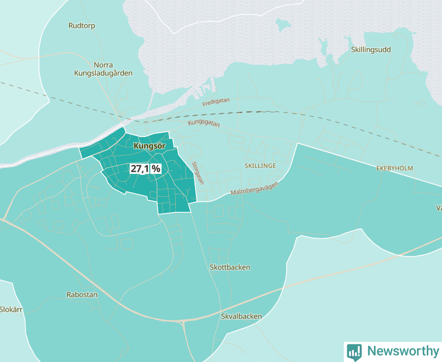 Karta över andel av befolkningen är ensamstående utan barn per område i Kungsör 2023.