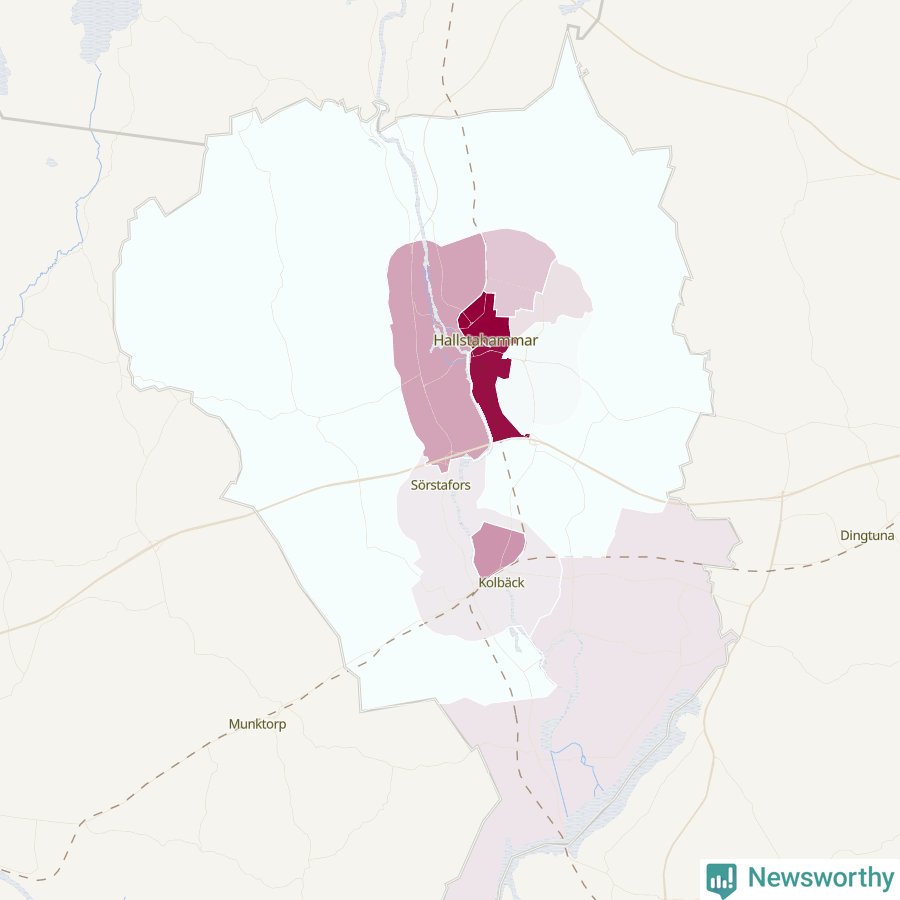Karta som visar antalet cykelstölder i olika delar av Hallstahammars kommun, även i tabell nedan