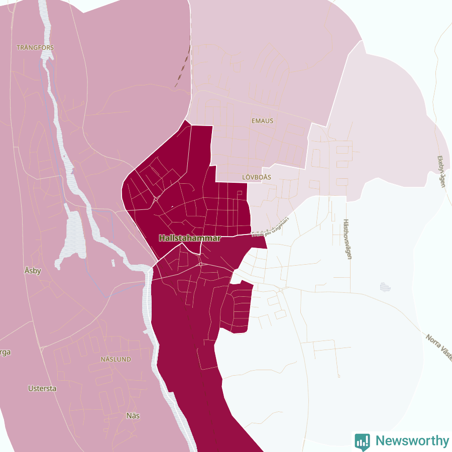 Karta som visar antalet cykelstölder i olika delar av Hallstahammar, se tabell ovan