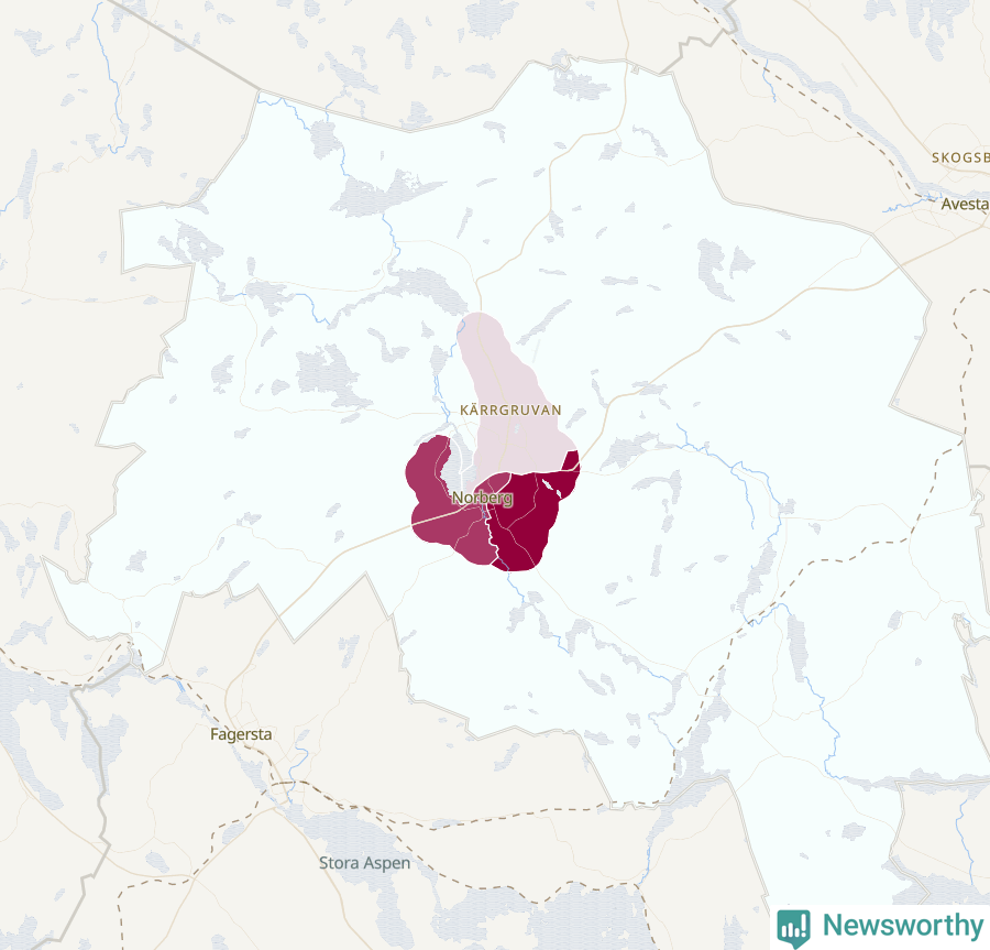 Karta som visar antalet cykelstölder i olika delar av Norbergs kommun, även i tabell nedan