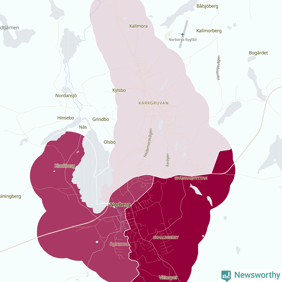 Karta som visar antalet cykelstölder i olika delar av Norberg, se tabell ovan