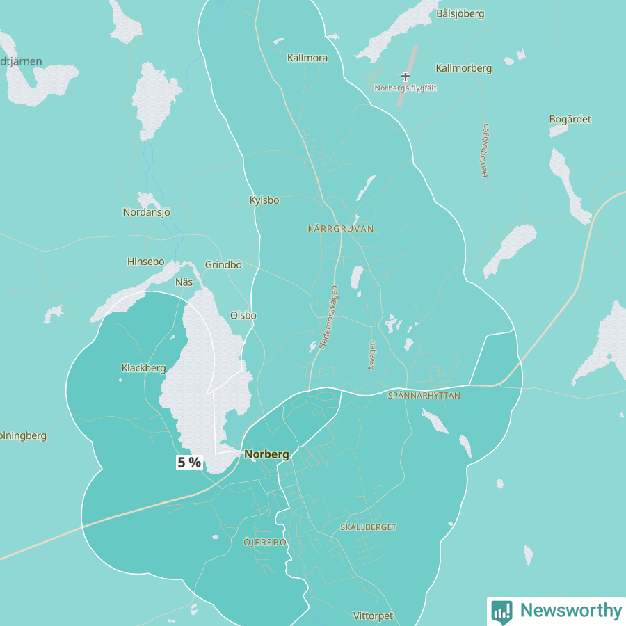 Karta över andel av befolkningen är mellan 0 och 4 år per område i Norberg 2024.